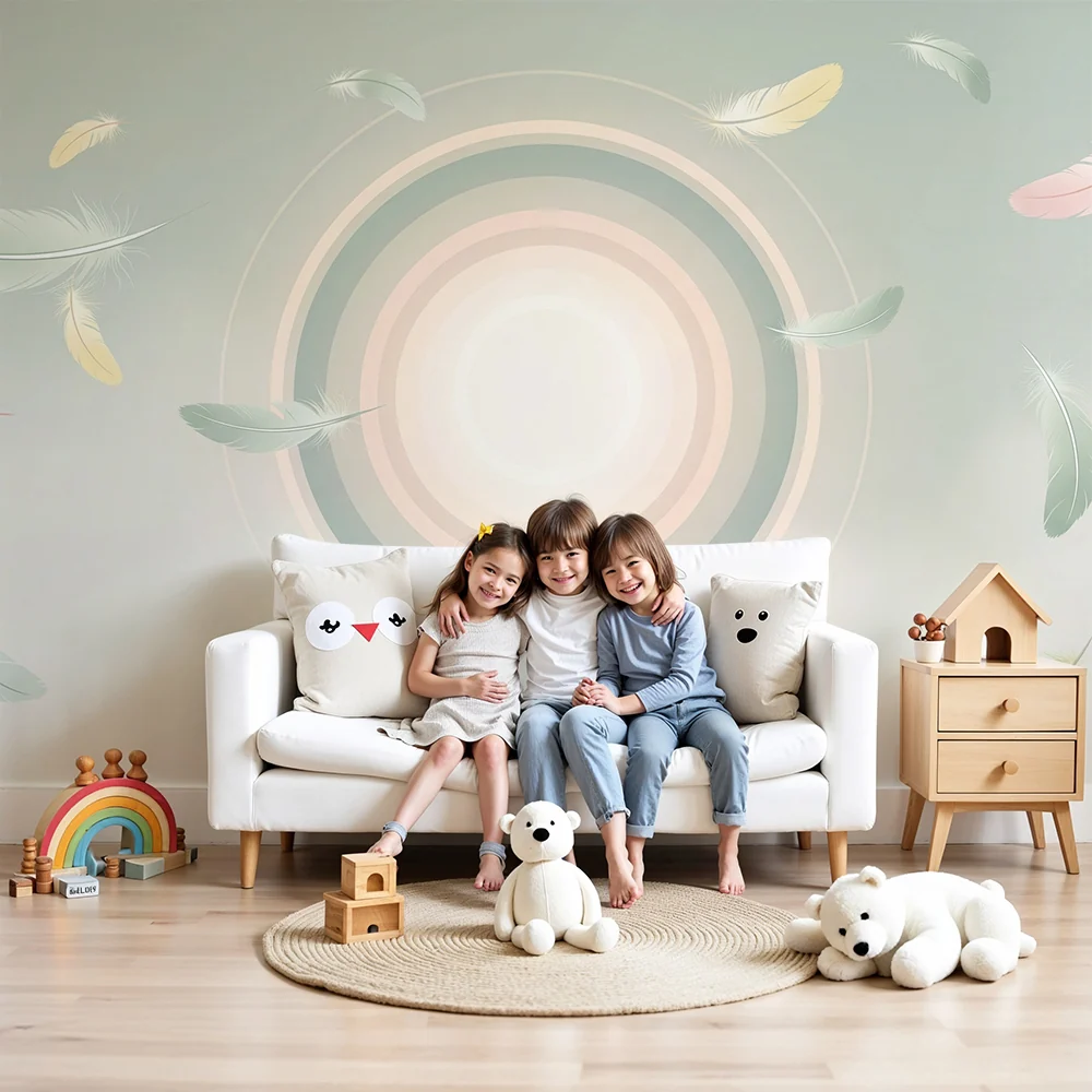 Nursery room wallpaper | Lágy pasztell átmenetben lebegő finom tollak