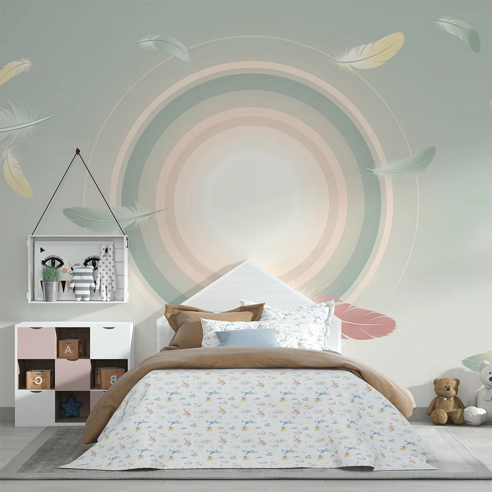 Nursery room wallpaper | Lágy pasztell átmenetben lebegő finom tollak