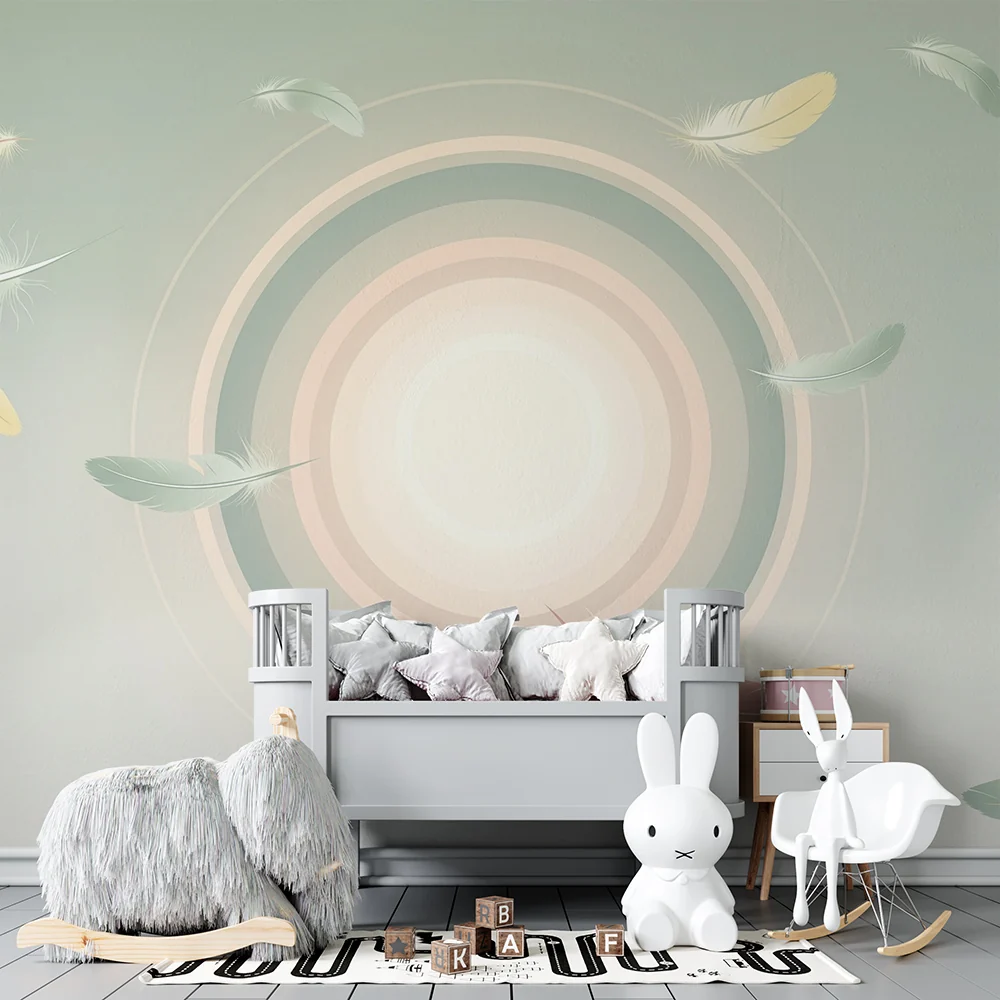 Nursery room wallpaper | Lágy pasztell átmenetben lebegő finom tollak