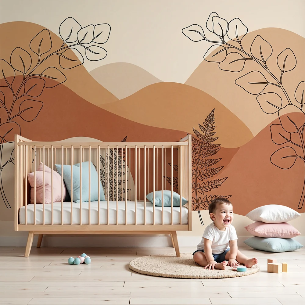Nursery room wallpaper | Lágy árnyalatú organikus formák és levelek