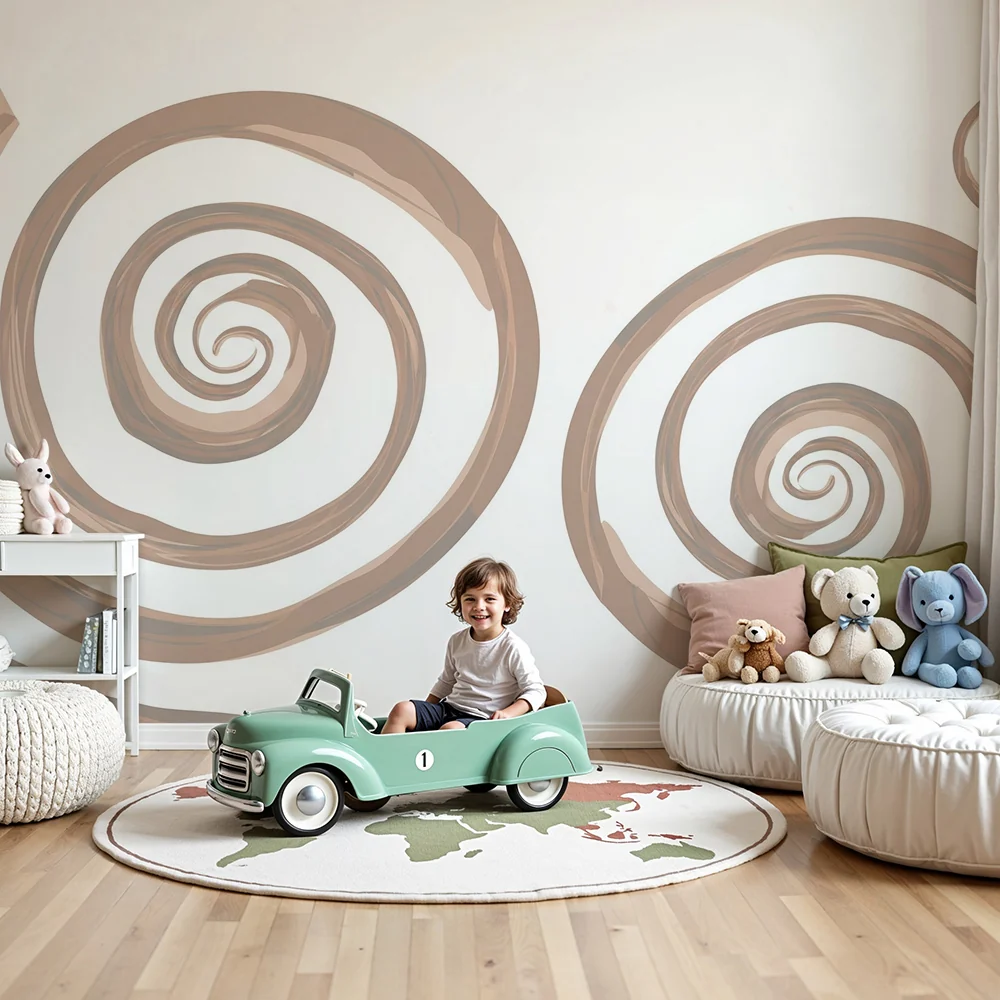 Nursery room wallpaper | Lágy spirálok bézs árnyalatokban fehér háttéren