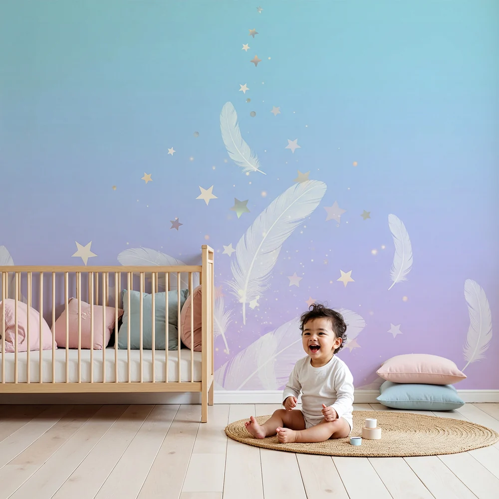 Nursery room wallpaper | Lágy tollak és csillogó csillagok pasztell háttéren