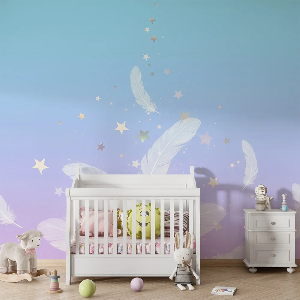 Nursery room wallpaper | Lágy tollak és csillogó csillagok pasztell háttéren