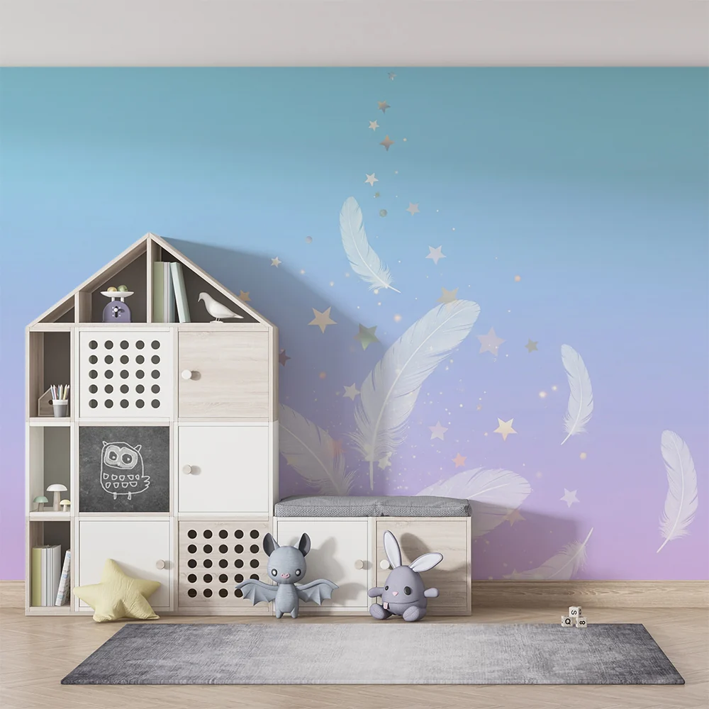 Nursery room wallpaper | Lágy tollak és csillogó csillagok pasztell háttéren