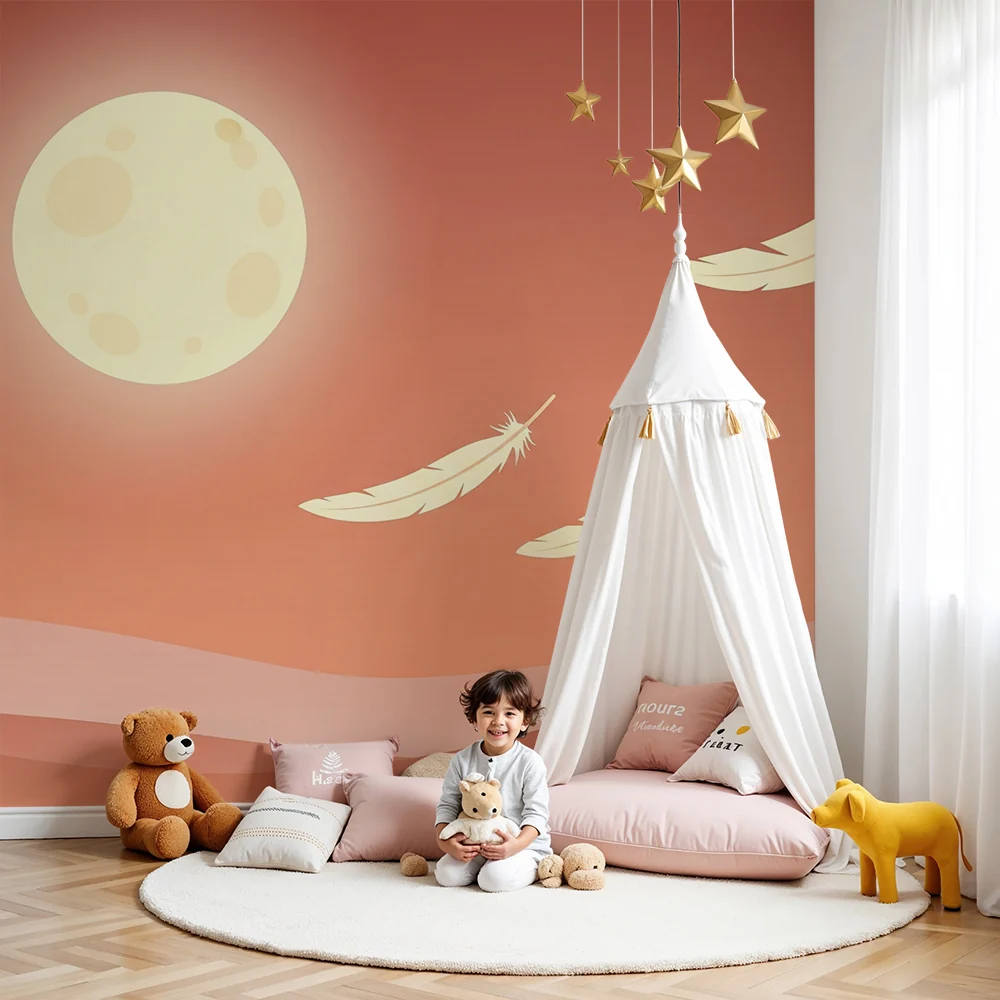 Nursery room wallpaper | Lágy tollak hold alatt egy puha égboltban