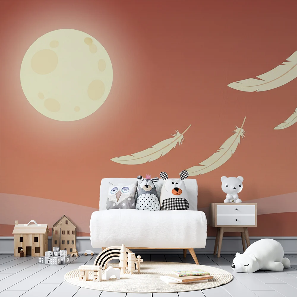 Nursery room wallpaper | Lágy tollak hold alatt egy puha égboltban