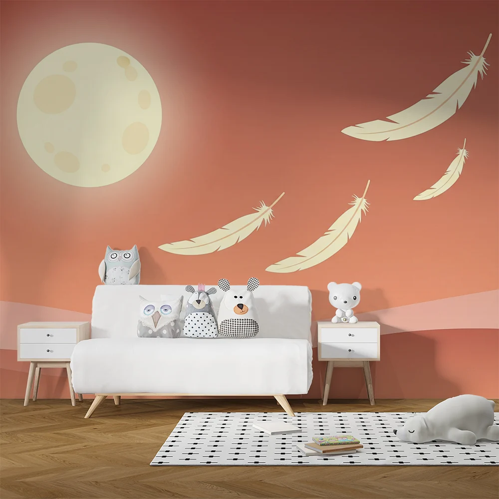 Nursery room wallpaper | Lágy tollak hold alatt egy puha égboltban