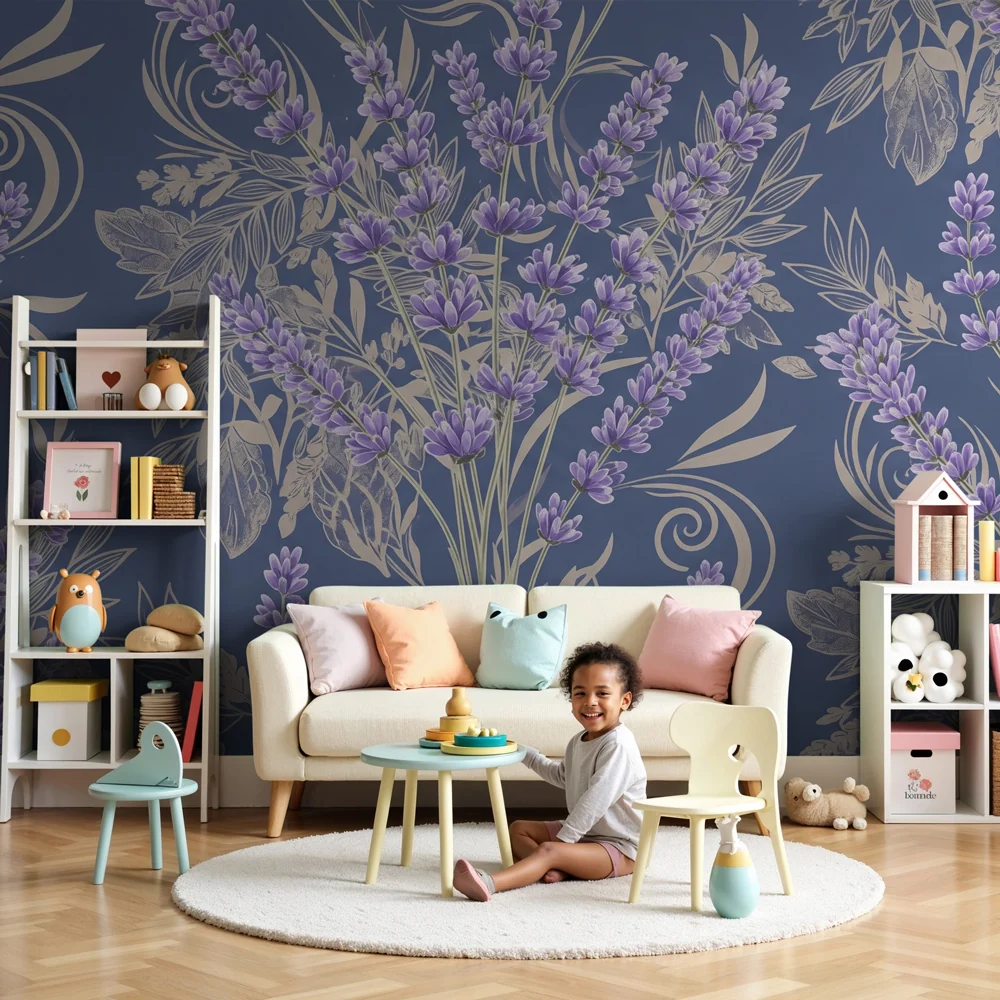 Nursery room wallpaper | Lila édessége kék háttéren