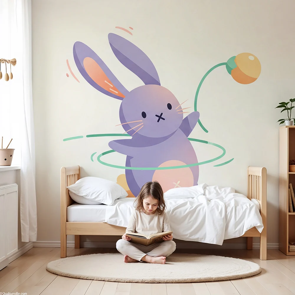 Nursery room wallpaper | Lila táncoló nyuszi színes játékkal