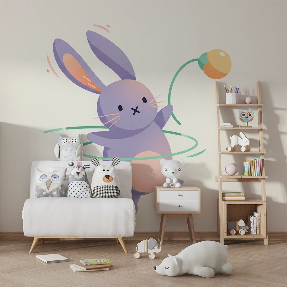 Nursery room wallpaper | Lila táncoló nyuszi színes játékkal