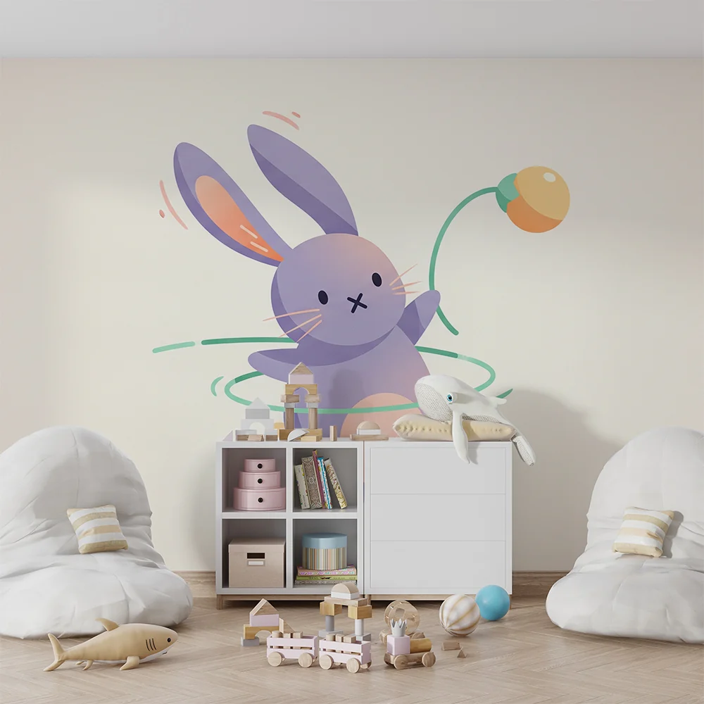 Nursery room wallpaper | Lila táncoló nyuszi színes játékkal