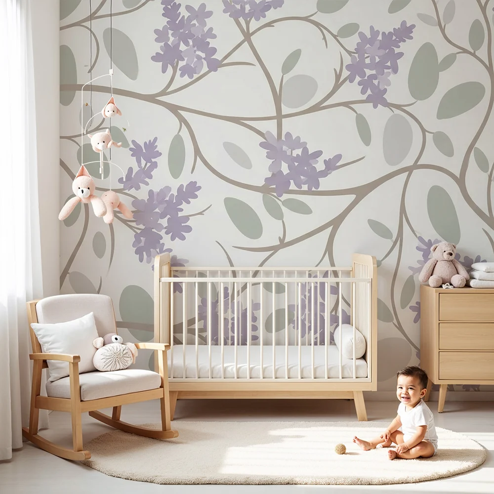 Nursery room wallpaper | Lila virágok és finom levelek világos háttéren
