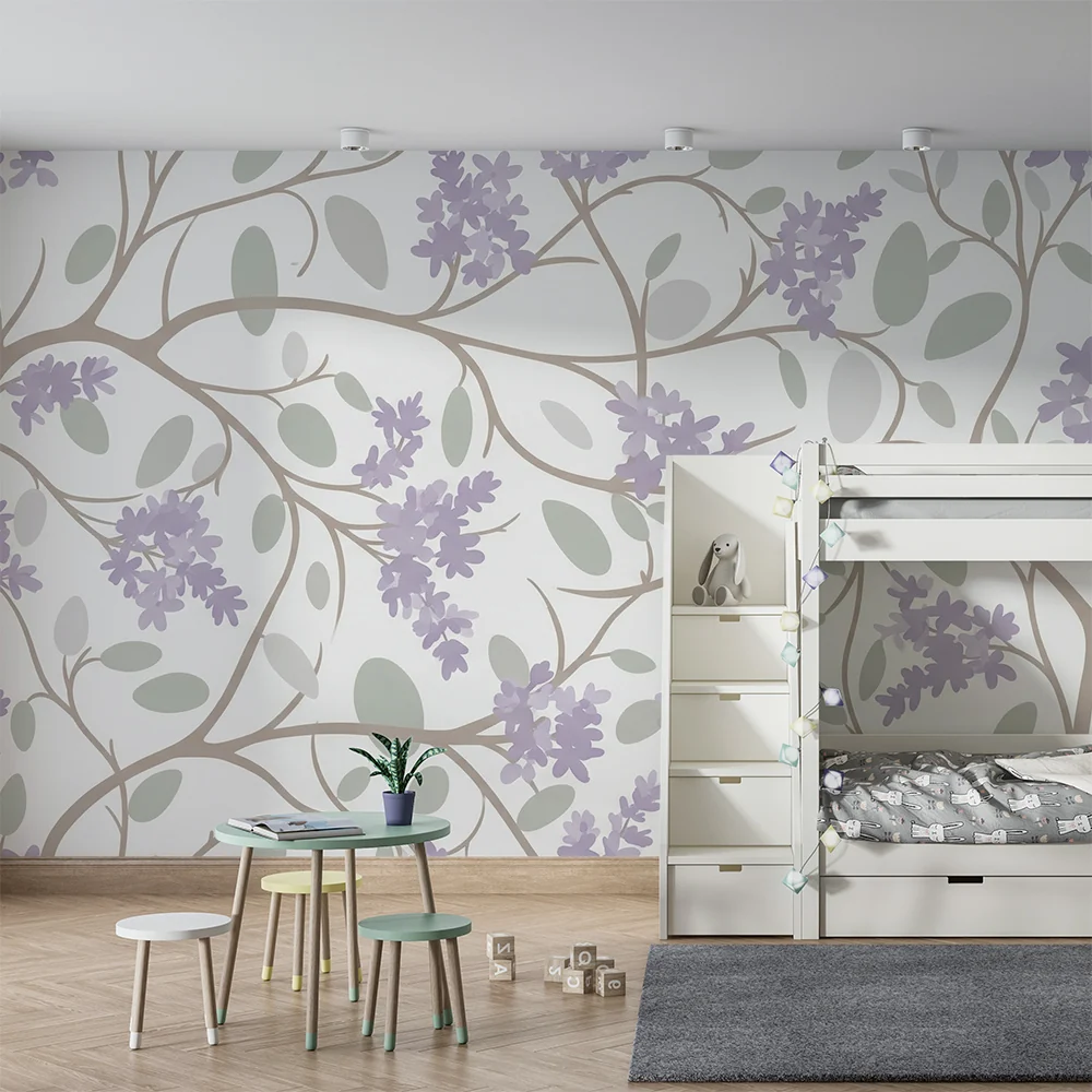 Nursery room wallpaper | Lila virágok és finom levelek világos háttéren