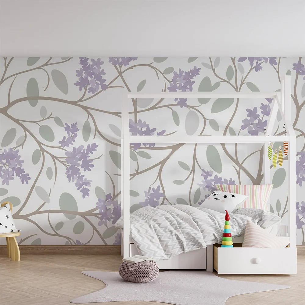 Nursery room wallpaper | Lila virágok és finom levelek világos háttéren