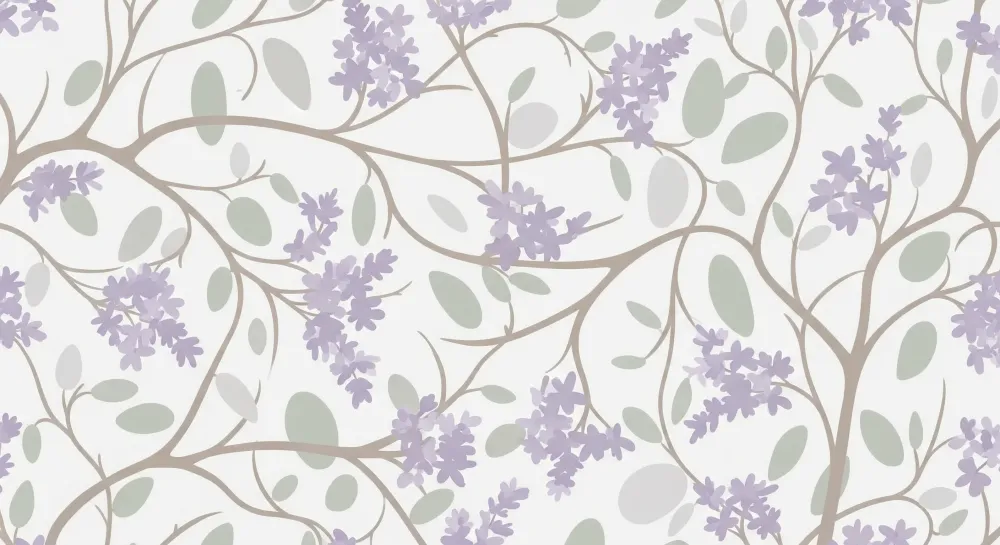 Nursery room wallpaper | Lila virágok és finom levelek világos háttéren