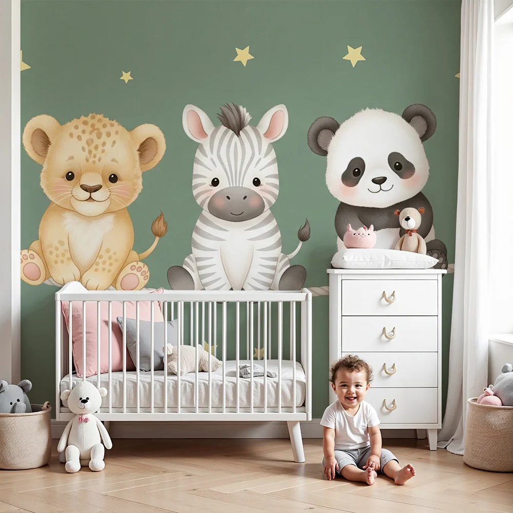 Nursery room wallpaper | Állatok csillagok alatt és zöld háttérrel