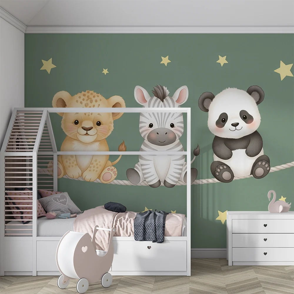 Nursery room wallpaper | Állatok csillagok alatt és zöld háttérrel