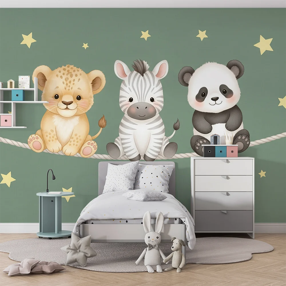 Nursery room wallpaper | Állatok csillagok alatt és zöld háttérrel