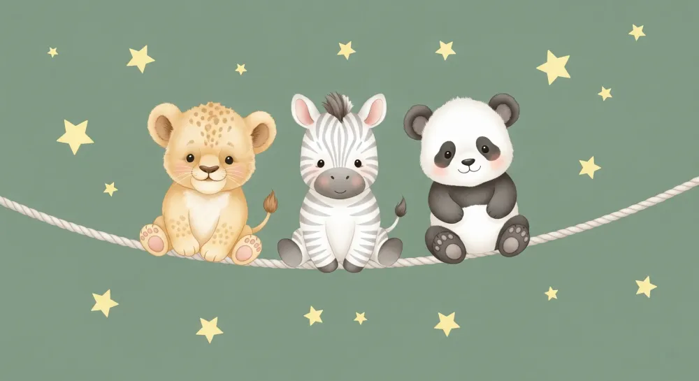 Nursery room wallpaper | Állatok csillagok alatt és zöld háttérrel
