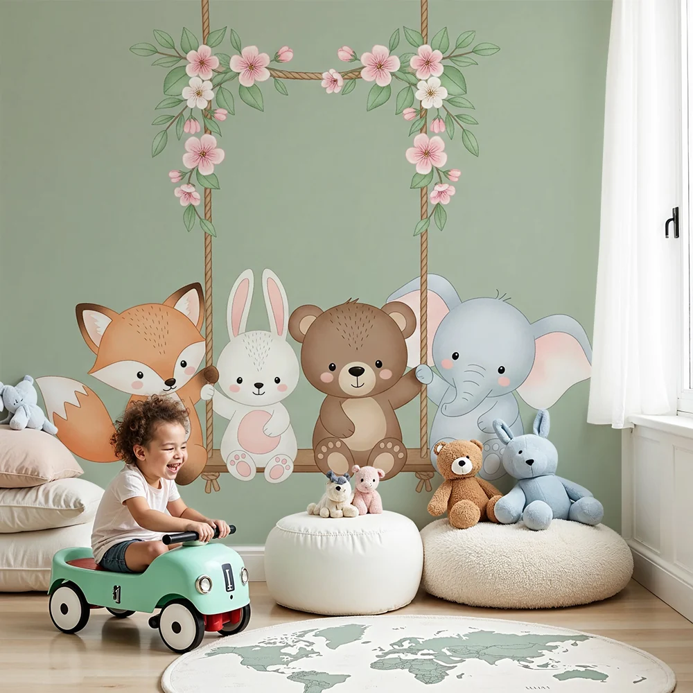 Nursery room wallpaper | Állatok egy virág hintán