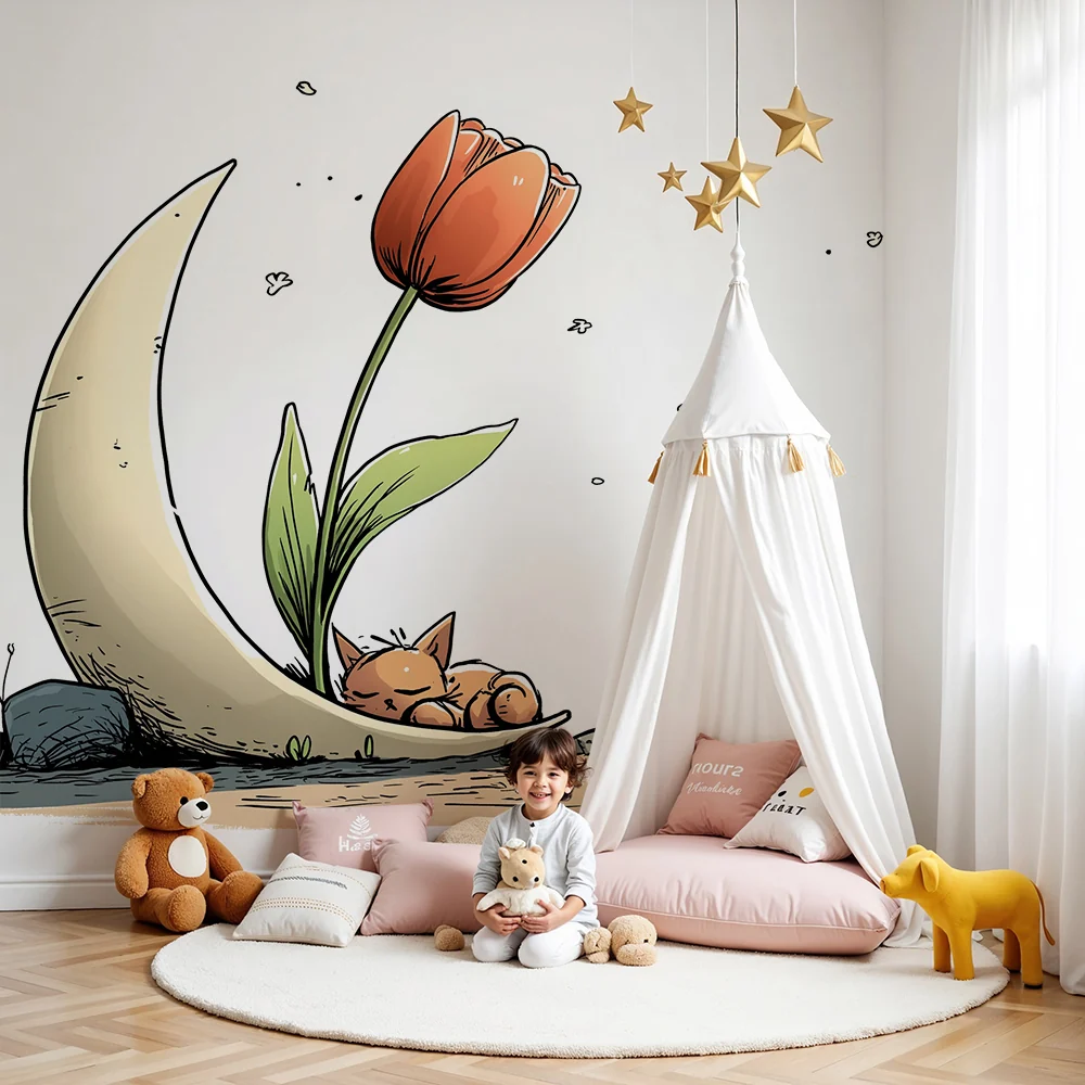 Nursery room wallpaper | Álmos cica színes virág alatt
