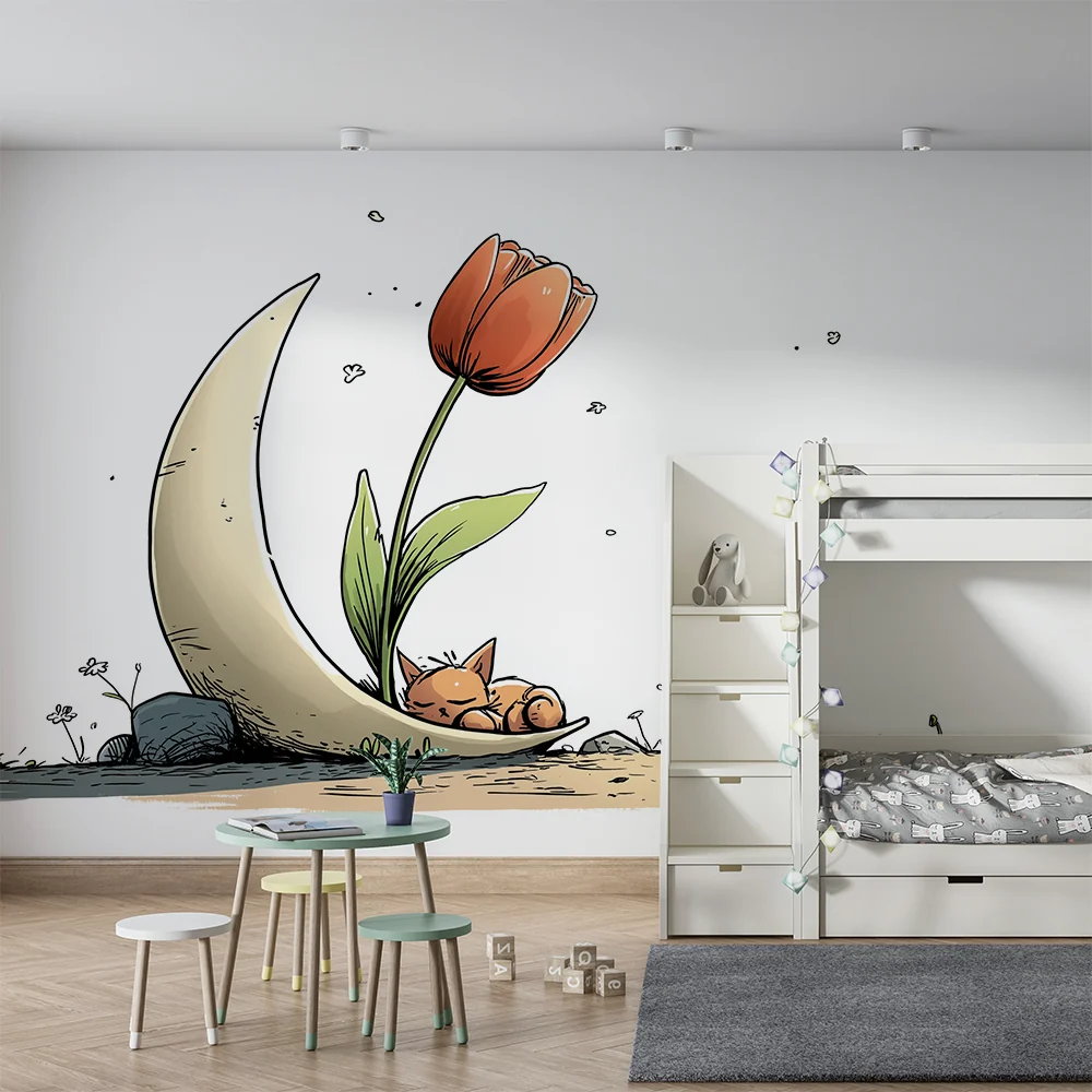 Nursery room wallpaper | Álmos cica színes virág alatt