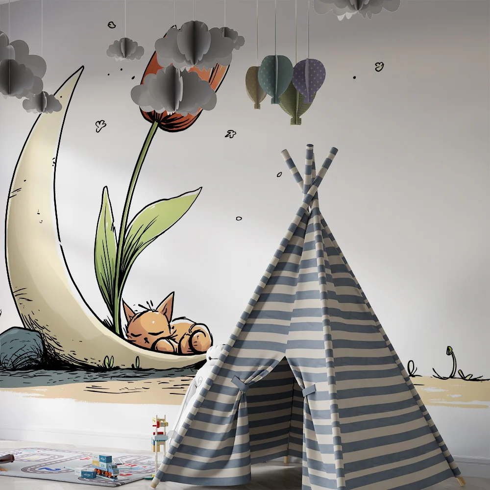 Nursery room wallpaper | Álmos cica színes virág alatt
