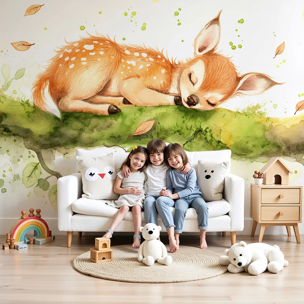 Nursery room wallpaper | Álmos őz egy ágon finom levelekkel