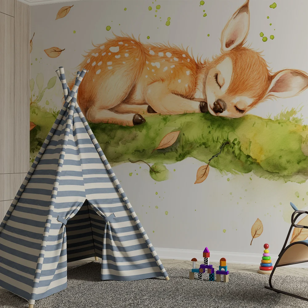 Nursery room wallpaper | Álmos őz egy ágon finom levelekkel