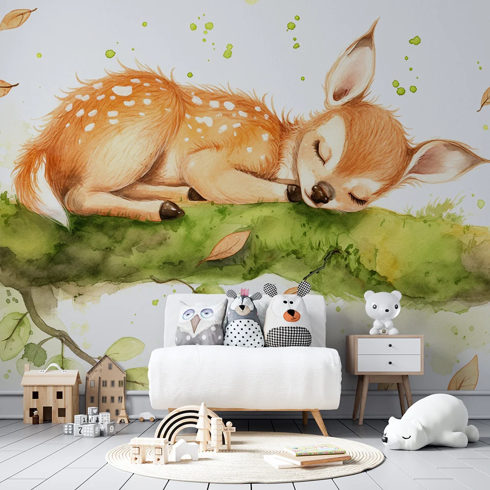 Nursery room wallpaper | Álmos őz egy ágon finom levelekkel