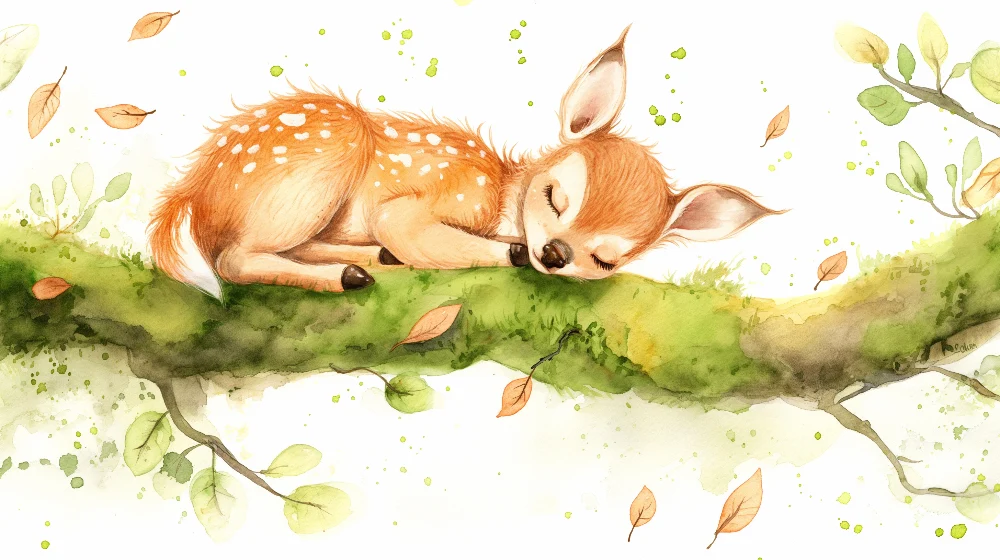 Nursery room wallpaper | Álmos őz egy ágon finom levelekkel