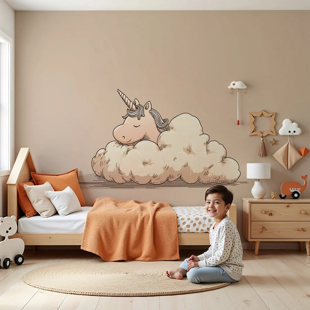 Nursery room wallpaper | Álmos egyszarvú puha felhőn