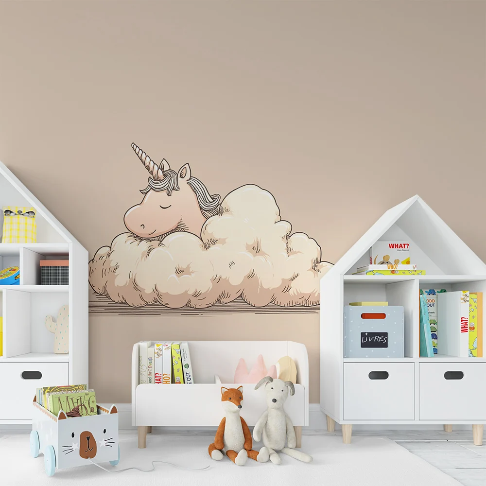 Nursery room wallpaper | Álmos egyszarvú puha felhőn