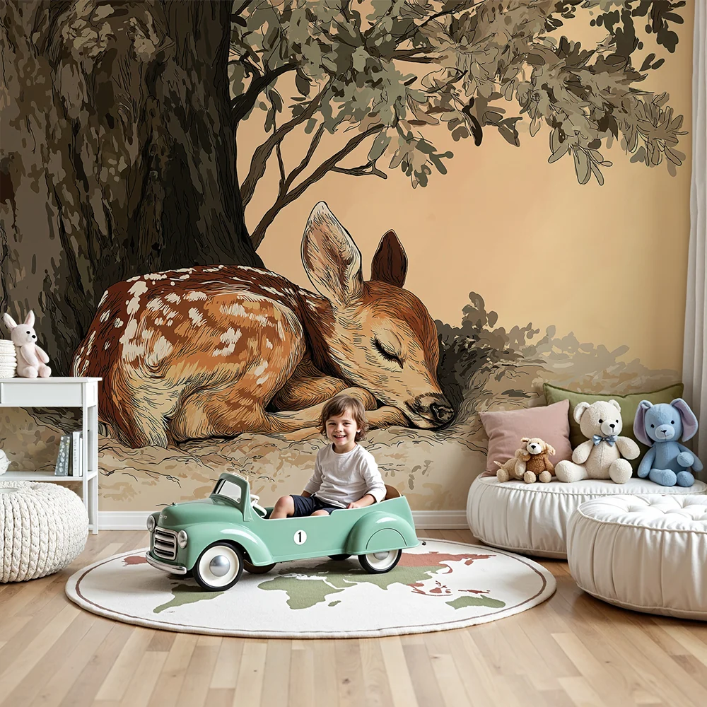 Nursery room wallpaper | Álmos fawn egy fa alatt puha lombozattal