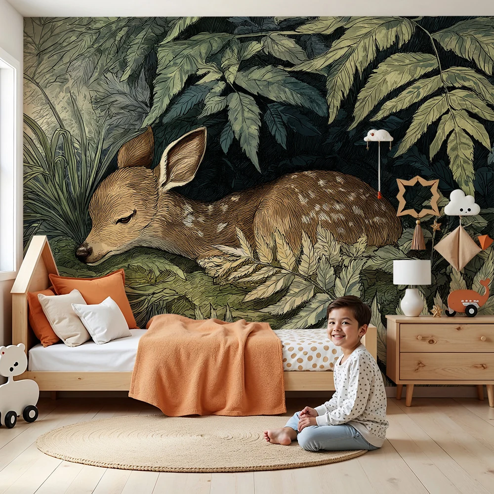 Nursery room wallpaper | Álmos fawn dús növényzet között