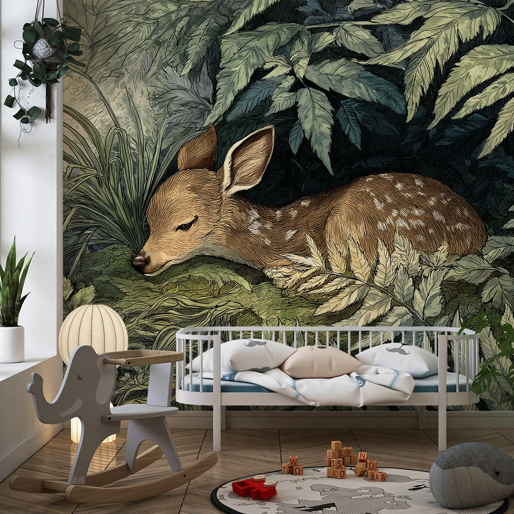 Nursery room wallpaper | Álmos fawn dús növényzet között