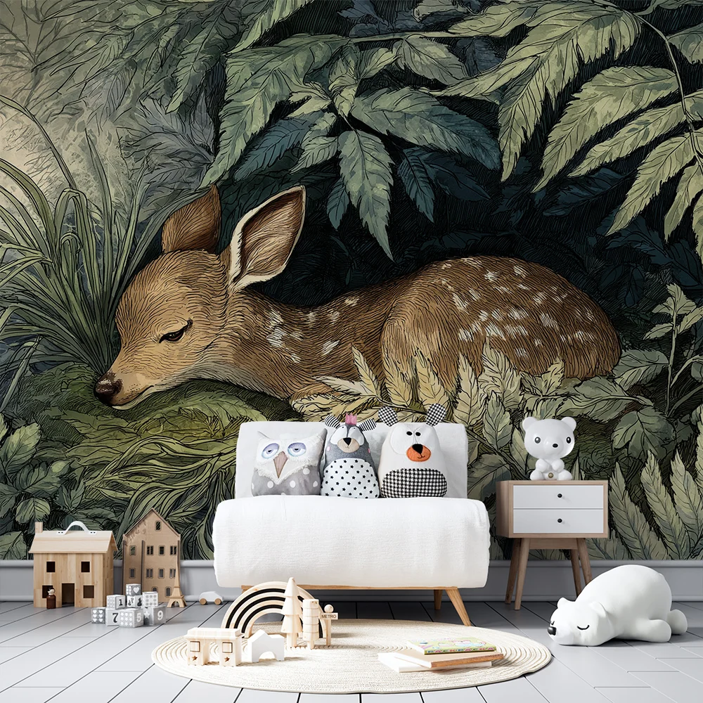 Nursery room wallpaper | Álmos fawn dús növényzet között