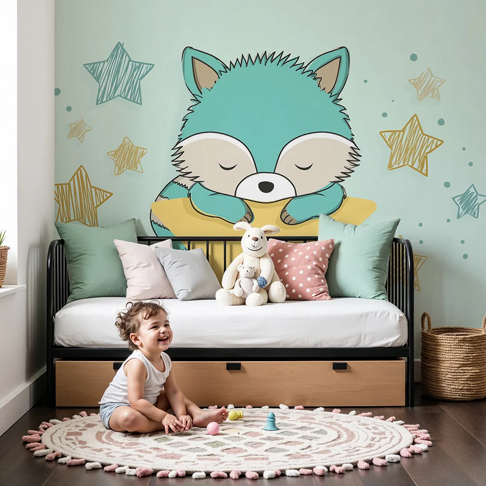 Nursery room wallpaper | Álmos kis róka arany csillagokkal