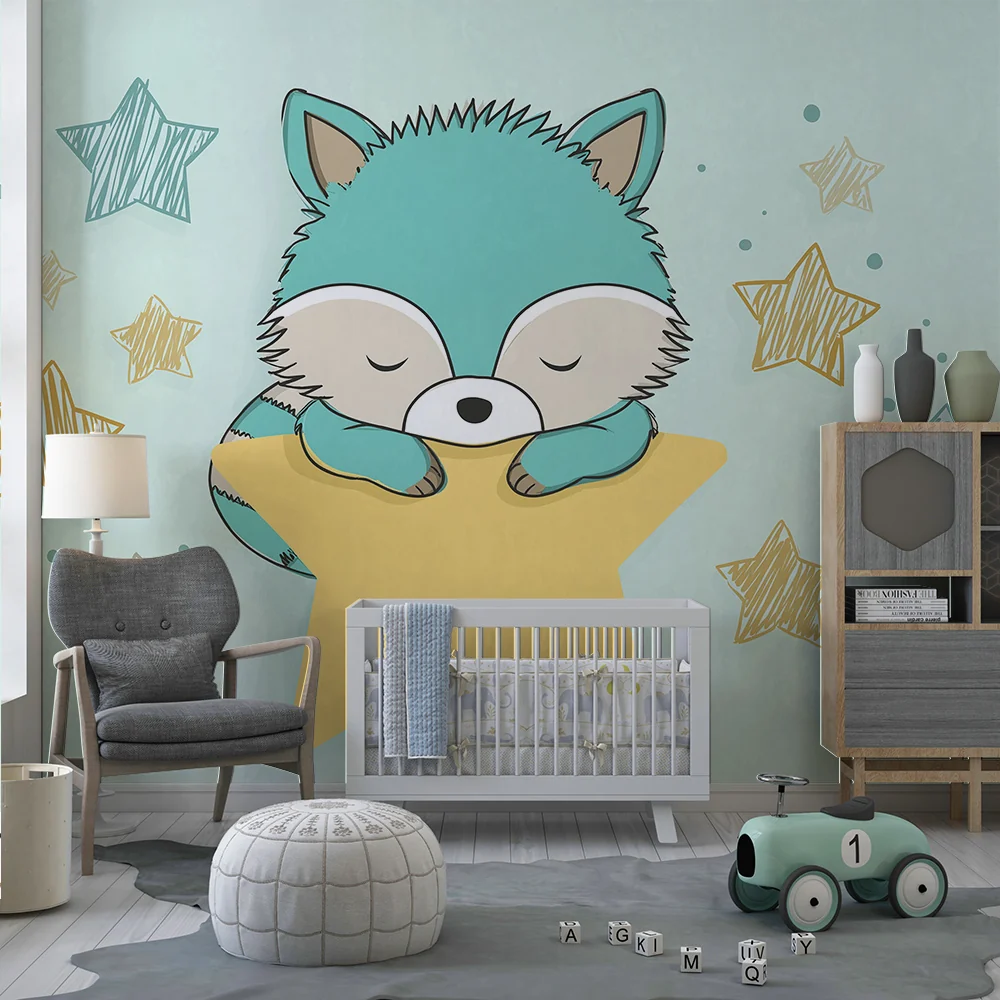 Nursery room wallpaper | Álmos kis róka arany csillagokkal