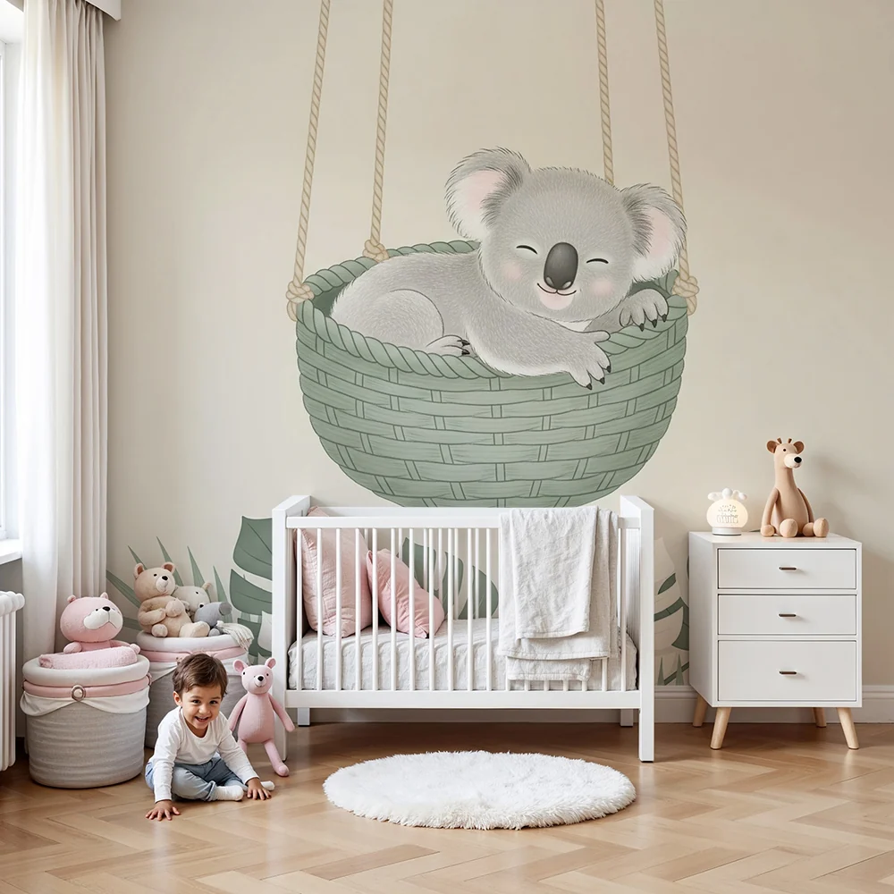 Nursery room wallpaper | Álmos koala egy kosárban