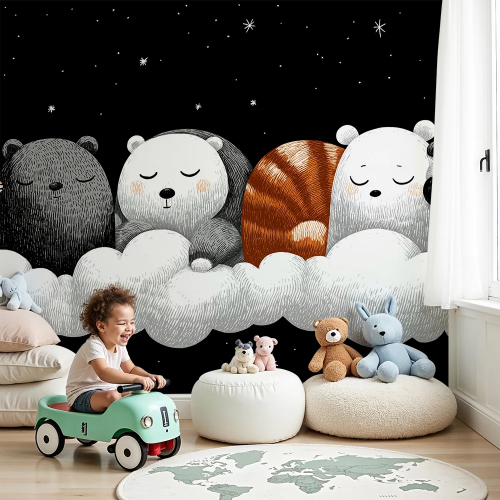 Nursery room wallpaper | Álmos állatok felhőkön alvó csillagos ég alatt