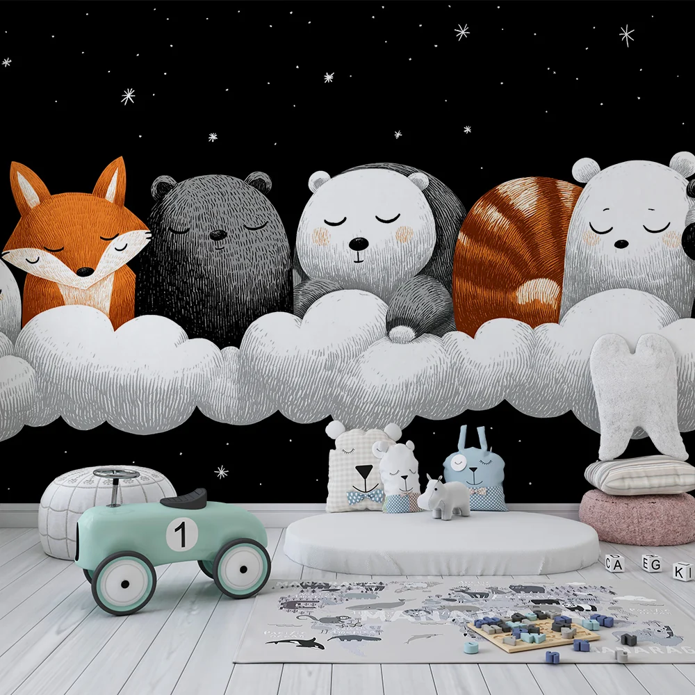 Nursery room wallpaper | Álmos állatok felhőkön alvó csillagos ég alatt