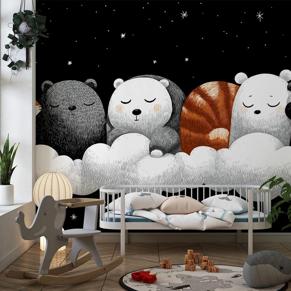 Nursery room wallpaper | Álmos állatok felhőkön alvó csillagos ég alatt