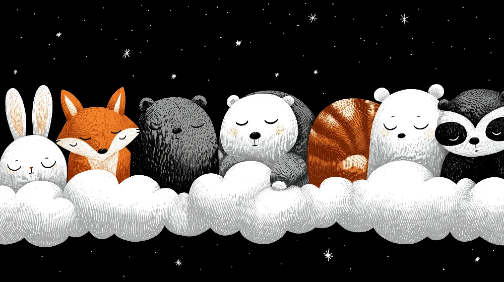 Nursery room wallpaper | Álmos állatok felhőkön alvó csillagos ég alatt