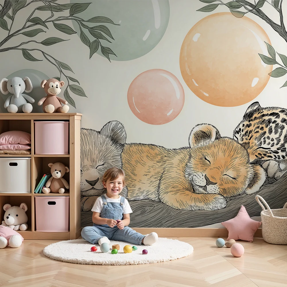 Nursery room wallpaper | Álmos állatok ágakon színes buborékokkal