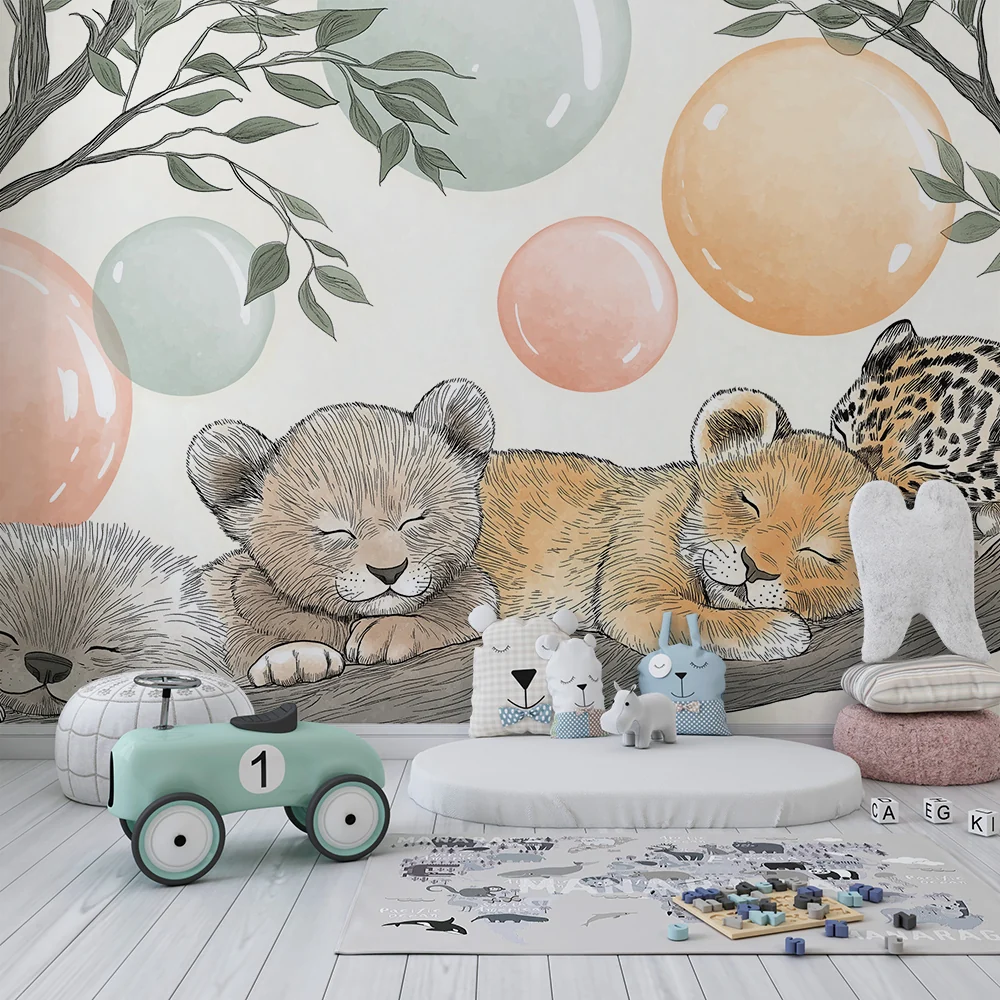 Nursery room wallpaper | Álmos állatok ágakon színes buborékokkal