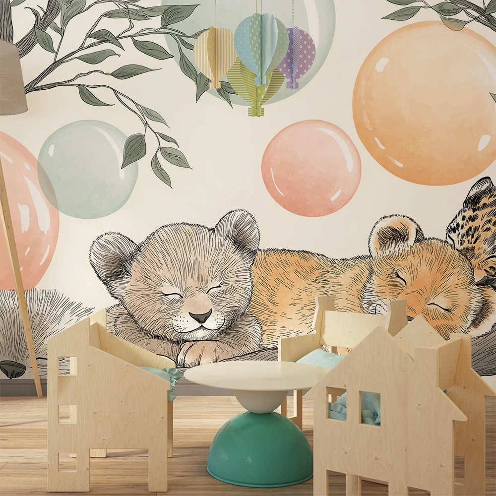 Nursery room wallpaper | Álmos állatok ágakon színes buborékokkal