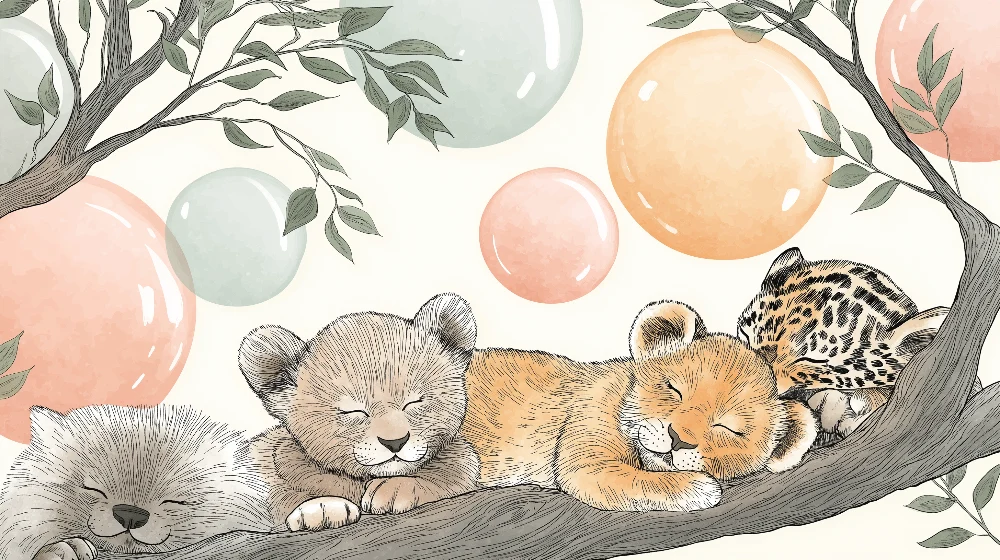 Nursery room wallpaper | Álmos állatok ágakon színes buborékokkal