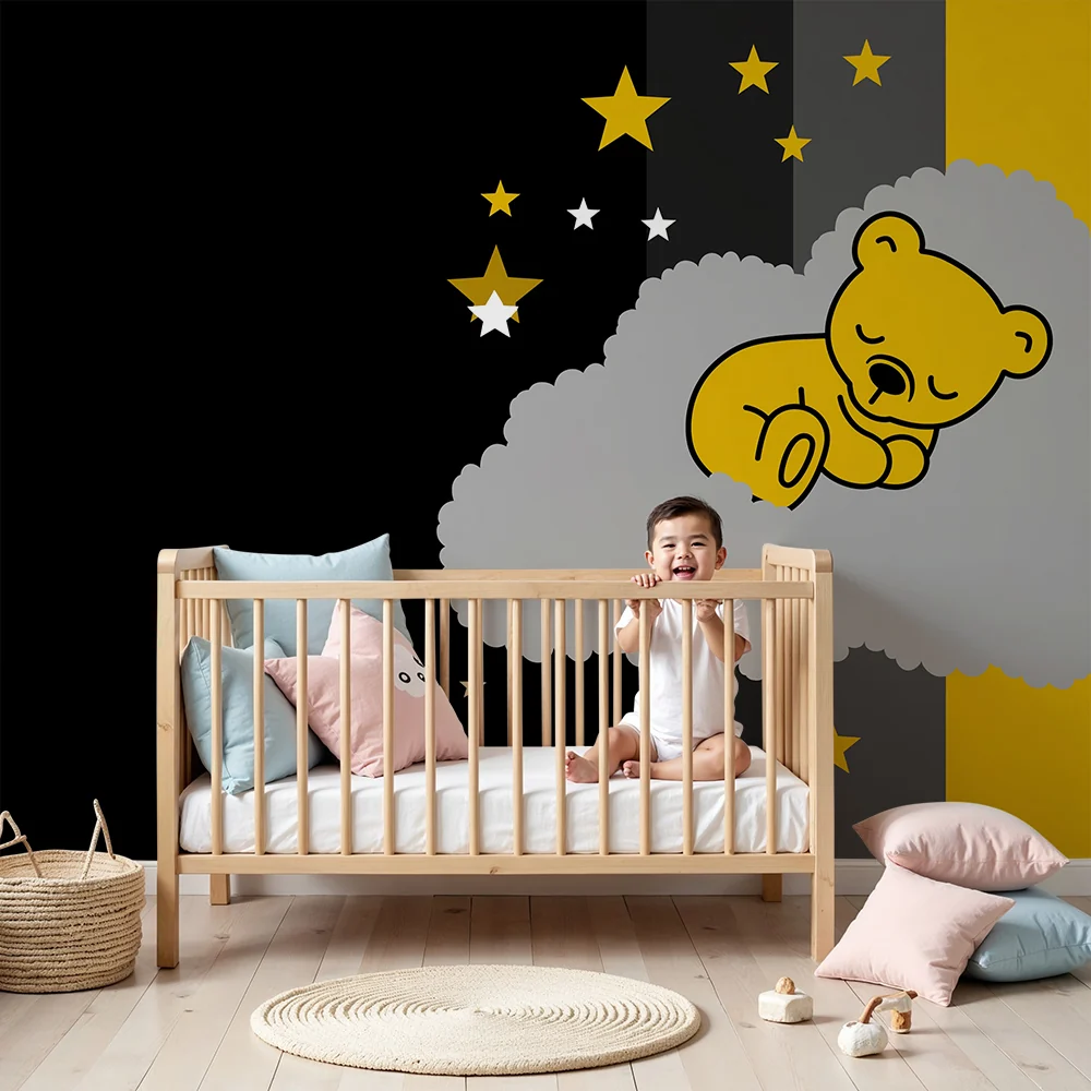 Nursery room wallpaper | Álmos medve felhőben arany csillagokkal