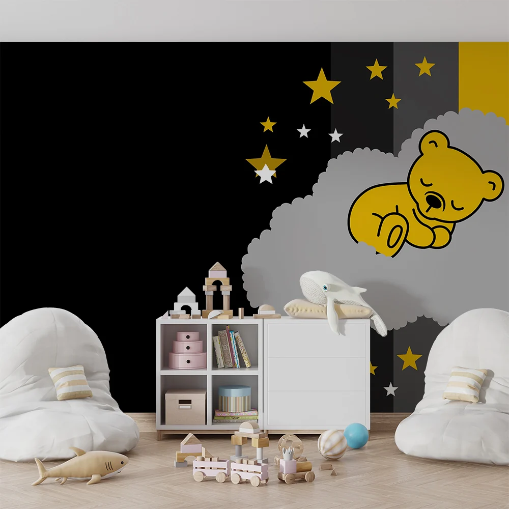Nursery room wallpaper | Álmos medve felhőben arany csillagokkal